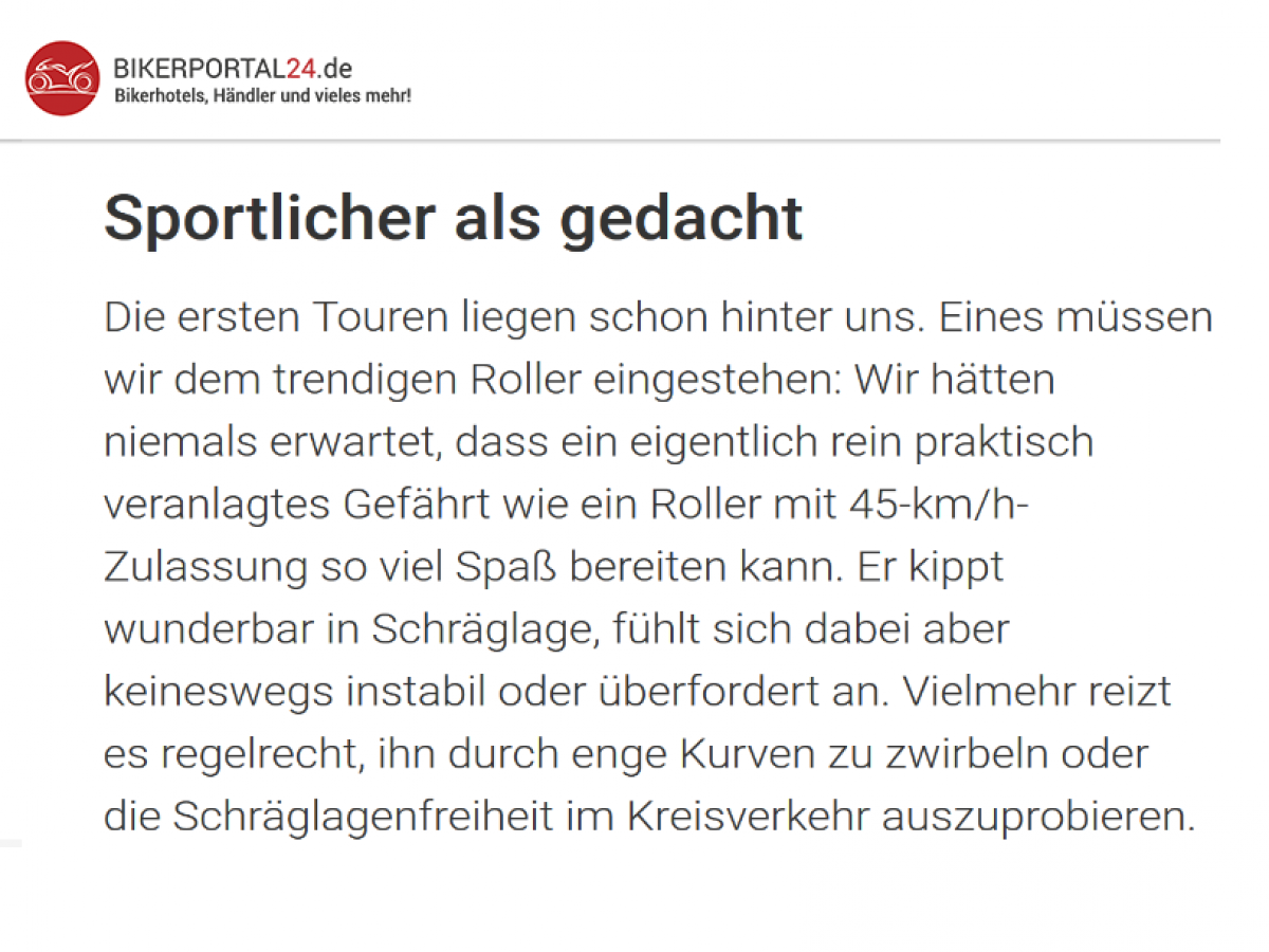 Zitat des Rollertests vom Kumpan electric 1954 Ri beim Bikerportal24.de 